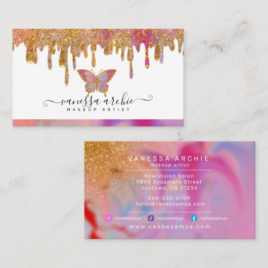 Glitter Drip Rainbow Butterfly Logo Visitekaartje (Voorkant / Achterkant)