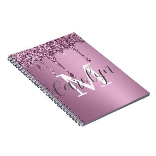 Glitter Drip Roos Blush Girly Pink Monogram Naam Notitieboek (Rechterzijde)
