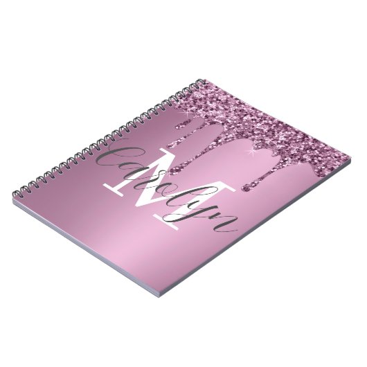 Glitter Drip Roos Blush Girly Pink Monogram Naam Notitieboek (Linkerzijde)