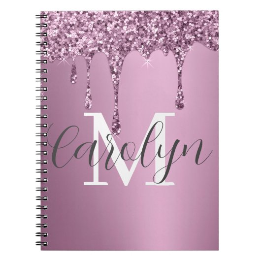 Glitter Drip Roos Blush Girly Pink Monogram Naam Notitieboek (Voorkant)