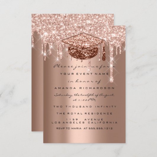 Glitter Drip Roos Gold Afstuderen Kaart (Voorkant / Achterkant)