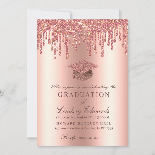 Glitter Drip Roos Gold Afstuderen Kaart (Voorkant)