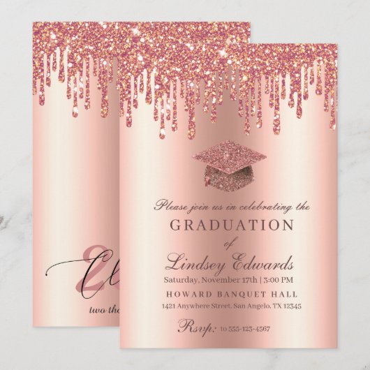 Glitter Drip Roos Gold Afstuderen Kaart (Voorkant / Achterkant)