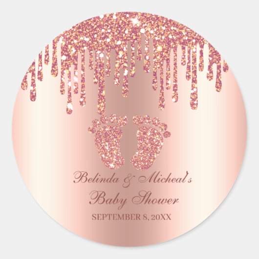 Glitter Drip Roos Gold Baby Baby shower Ronde Sticker (Voorkant)