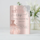 Glitter Drip Roos Gold Dress Sweet 16 RSVP Kaart (Staand voorkant)