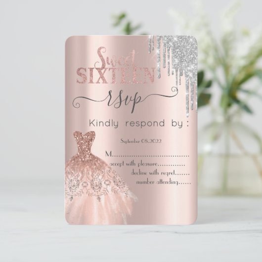 Glitter Drip Roos Gold Dress Sweet 16 RSVP Kaart (Staand voorkant)
