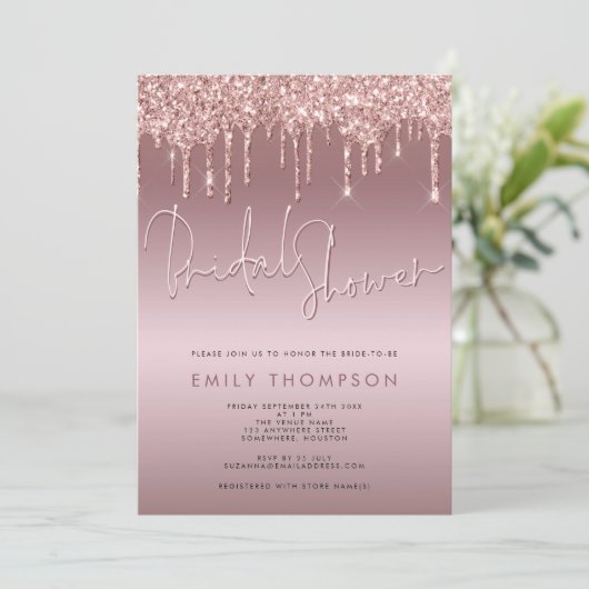 Glitter Drip Roos Gold Script Vrijgezellenfeest Kaart (Staand voorkant)