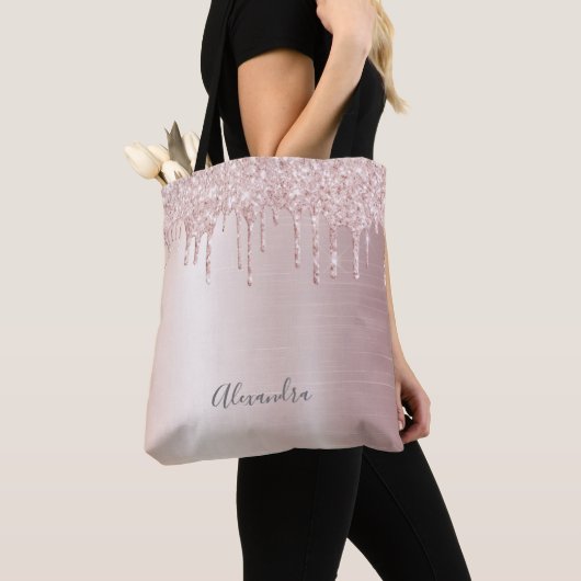 Glitter drip roos goudbolombre naam girly tote bag (Dichtbij)