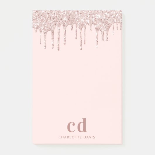 Glitter drip roos goudroze glazuur monogram luxueu post-it® notes (Voorkant)