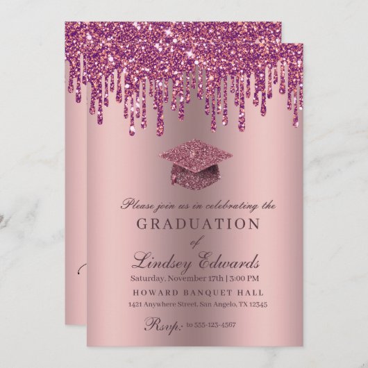 Glitter Drip Roos Roze Afstuderen Kaart (Voorkant / Achterkant)