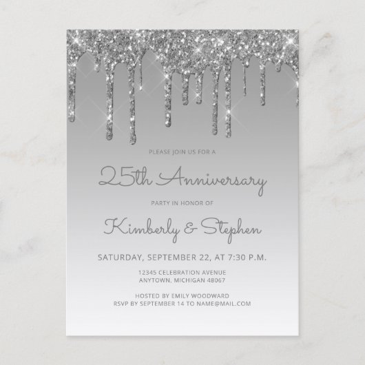 Glitter Drip Silver 25th Anniversary Invitation Briefkaart (Voorkant)