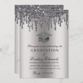Glitter Drip Silver Afstuderen Kaart (Voorkant / Achterkant)