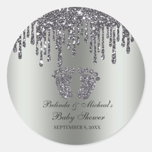 Glitter Drip Silver Baby Feet Baby shower Ronde Sticker (Voorkant)