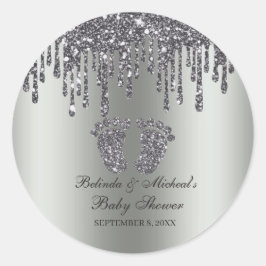 Glitter Drip Silver Baby Feet Baby shower Ronde Sticker