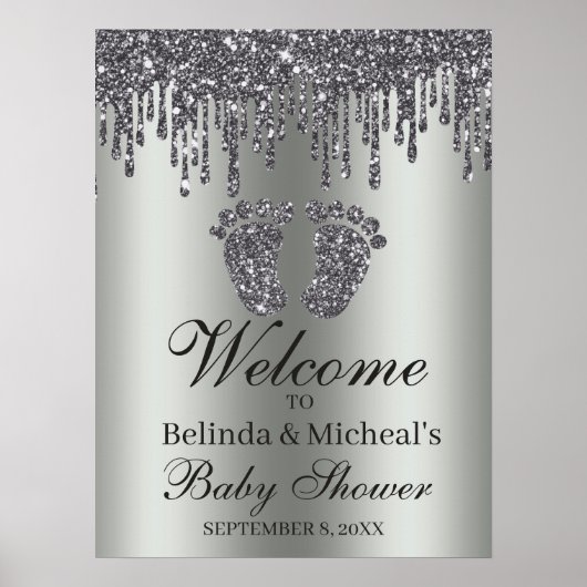 Glitter Drip Silver Feet Baby shower Welkom Poster (Voorkant)