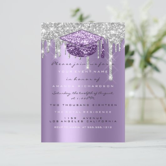 Glitter Drip Silver Paars Grey Afstuderen Kaart (Staand voorkant)