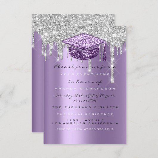 Glitter Drip Silver Paars Grey Afstuderen Kaart (Voorkant / Achterkant)