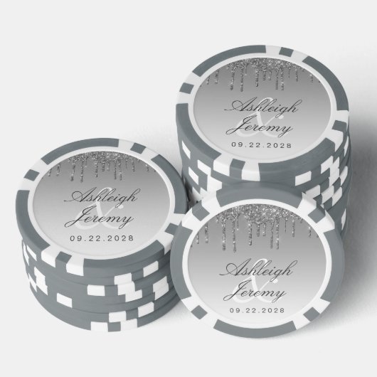 Glitter Drip Sparkle Ombre Script Silver Wedding Poker Chips (Opstapeling)