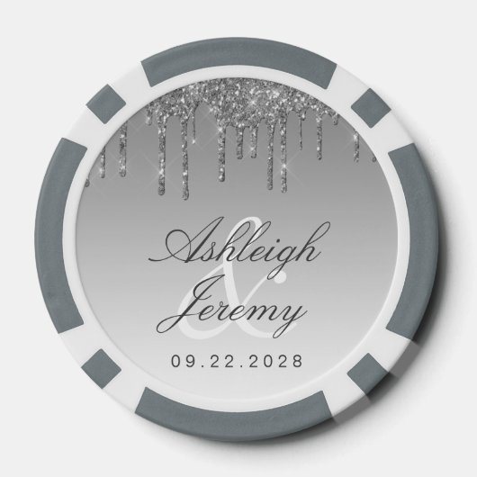 Glitter Drip Sparkle Ombre Script Silver Wedding Poker Chips (Achterkant)