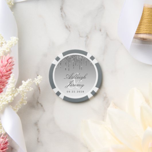 Glitter Drip Sparkle Ombre Script Zilveren Bruilof Poker Chips (Huwelijk)