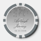 Glitter Drip Sparkle Ombre Script Zilveren Bruilof Poker Chips (Voorkant)