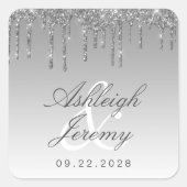 Glitter Drip Sparkle Ombre Script Zilveren Bruilof Vierkante Sticker (Voorkant)