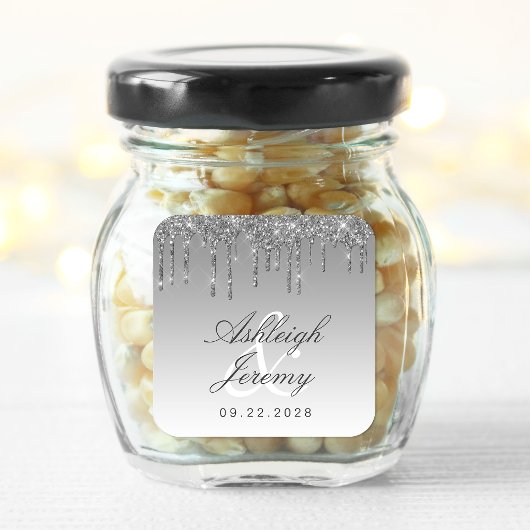 Glitter Drip Sparkle Ombre Script Zilveren Bruilof Vierkante Sticker