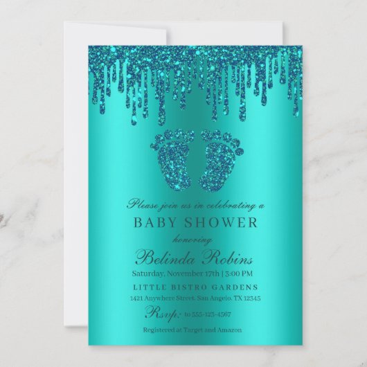 Glitter Drip Turquoise Groene Babyvoetjes Baby Sho Kaart (Voorkant)