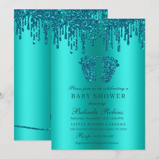 Glitter Drip Turquoise Groene Babyvoetjes Baby Sho Kaart (Voorkant / Achterkant)