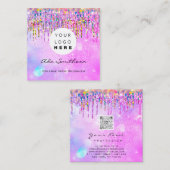 Glitter Drip Unicorn Rainbow Holograaf QRCodeLogo Vierkante Visitekaartje (Voorkant / Achterkant)