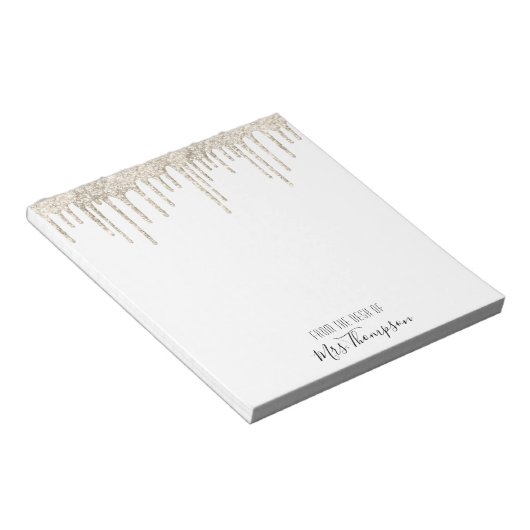 Glitter Drippings Gold White Name Script Glam Notitieblok (Schuin)