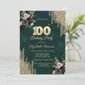 Glitter Drips Black Roses Green 100th Birthday  Kaart (Staand voorkant)
