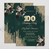 Glitter Drips Black Roses Green 100th Birthday  Kaart (Voorkant / Achterkant)
