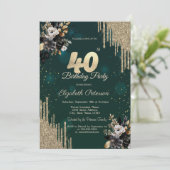 Glitter Drips Black Roses Green 40th Birthday  Kaart (Staand voorkant)