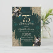 Glitter Drips Black Roses Green 75th Birthday  Kaart (Staand voorkant)