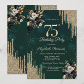 Glitter Drips Black Roses Green 75th Birthday  Kaart (Voorkant / Achterkant)