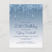 Glitter Drips Blauw 21e verjaardag Uitnodiging (Voorkant)