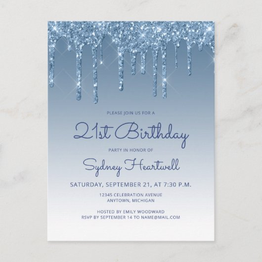 Glitter Drips Blauw 21e verjaardag Uitnodiging (Voorkant)
