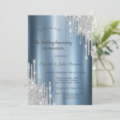  Glitter Drips Blauw Metaalachtig Huwelijksjubileu Kaart (Staand voorkant)