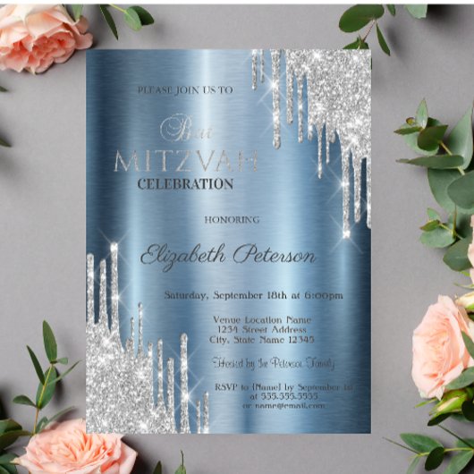 Glitter Drips Blauwe Metallic Bat Mitzvah Kaart