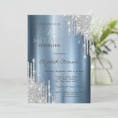 Glitter Drips Blauwe Metallic Bat Mitzvah Kaart (Staand voorkant)