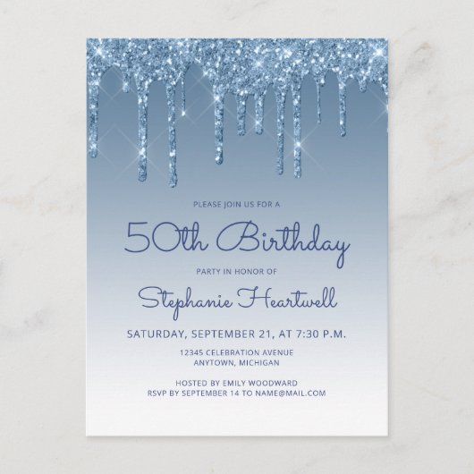 Glitter Drips Blauwe uitnodiging voor 50ste verjaa (Voorkant)