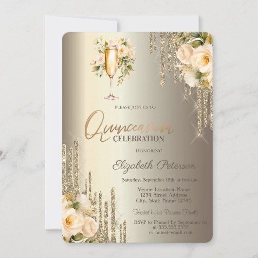 Glitter Drips Bloemen Champagne Glas Quinceañera Kaart (Voorkant)