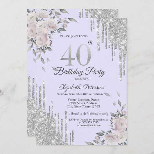 Glitter Drips, Bloemen Lavander 40ste verjaardag Kaart (Voorkant / Achterkant)