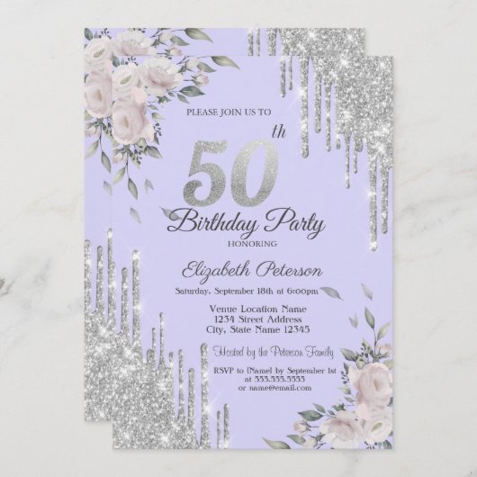 Glitter Drips, Bloemen Lavander 50ste verjaardag Kaart (Voorkant / Achterkant)