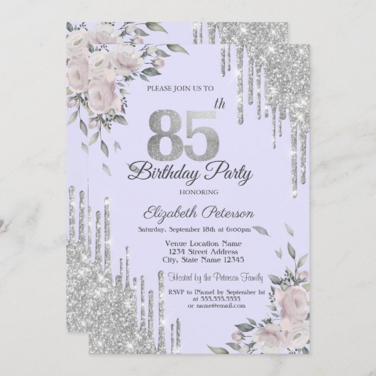 Glitter Drips, Bloemen Lavander 85e verjaardag Kaart (Voorkant / Achterkant)