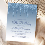 Glitter Drips Blue 18th Birthday Party Invitation Briefkaart<br><div class="desc">Deze trendy 18e verjaardag uitnodiging heeft een fonkelende blauwe faux glitter druppelrand en ombre achtergrond. De woorden "18th Birthday" en de naam van de eregast verschijnen in casual blauw handschrift,  met de rest van de aanpasbare tekst in blauw sans serif lettertype.</div>