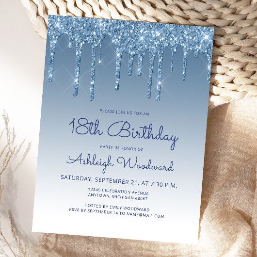 Glitter Drips Blue 18th Birthday Party Invitation Briefkaart