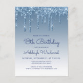 Glitter Drips Blue 18th Birthday Party Invitation Briefkaart (Voorkant)