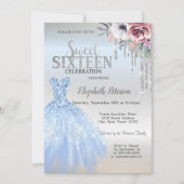 Glitter Drips, Blue Dress Flowers Silver Sweet 16 Kaart (Voorkant)